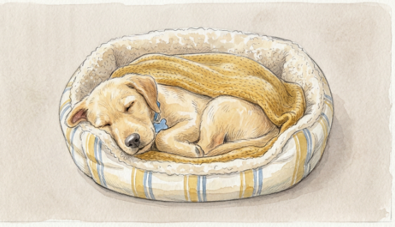 An AI-generated children's-book-style watercolor illustration of a yellow puppy sleeping curled up in a striped pet bed, created by Gemini from a text prompt alone, with no source drawing.